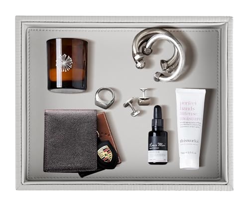 HofferRuffer Faux Leather Vanity Tray, Elegant Desktop Storage Organizer, Decorative Catchall for Perfume, Bathroom Valet, Nightstand or Dresser, 10.2 x 8.4 x 1.8 inches (Grey Stripe) - color: Grey Stripe, size: 10.2" x 8.4" x 1.8"