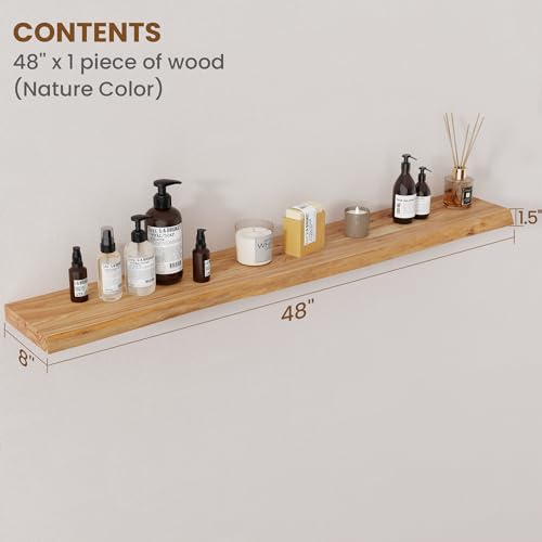 Floating Shelves for Wall Decor, Rustic Solid Elm Wood Live Edge Floating Shelves Wall Mounted, Wall Shelves with Invisible Bracket for Living Room Bathroom Bedroom Kitchen, 48 Inch, Natural - color: Natural, size: Live Edge, 48inch, 1Pack
