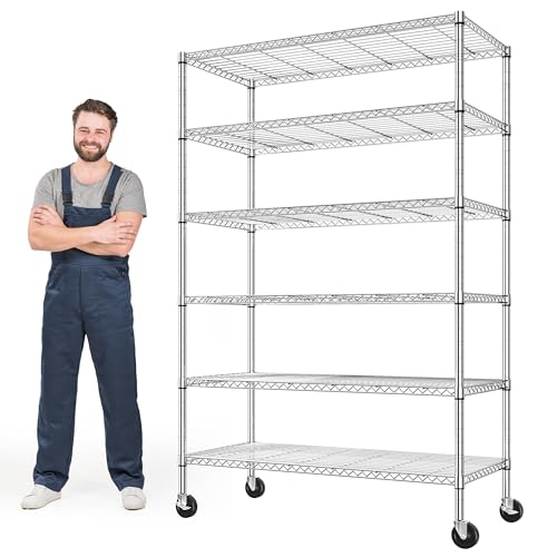 Romorgniz 82" H X45 W X18 D Storage Shelves with Wheels, 6 Tier Wire Shelving Adjustable Metal Shelving Pantry Shelves Capacity 1200LBS for Garage Shelving, Pantry, Kitchen, Closet,Chrome - size: 82"H X45"W X18"D-Chrome
