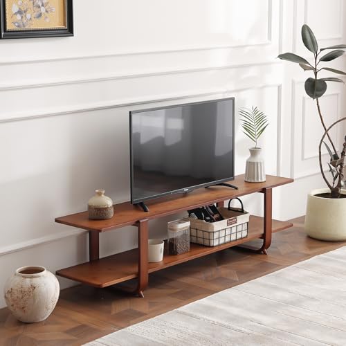 Welnow Low Bamboo TV Stand for Up to 65 Inch, Small Mid Century Modern Entertainment Center with 2-Tier Open Shelves, Walnut Media Console Table for Living Room, Bedroom - color: Walnut, size: 55.1"