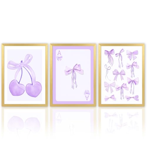 Framed Purple Coquette Trendy Preppy Bows Cherry Wall Art Prints Set of 3 Watercolor Poker Paintings Posters Aesthetic Pictures Girly Dorm Room Girls Bedroom Decor 12.6x16.6 inch with PVC Frame - size: Framed 12.6x16.6 inch