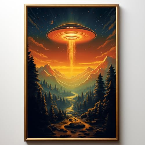 Retro Ufo Canvas Wall Art Moody Landscape Painting Ufo Print Vintage Forest Pictures Alien Abduction Poster Psychedelic Painting Spaceship Trippy Picture Extraterrestrial Ufo Artwork 16x24in No Frame - color: A4Unframed