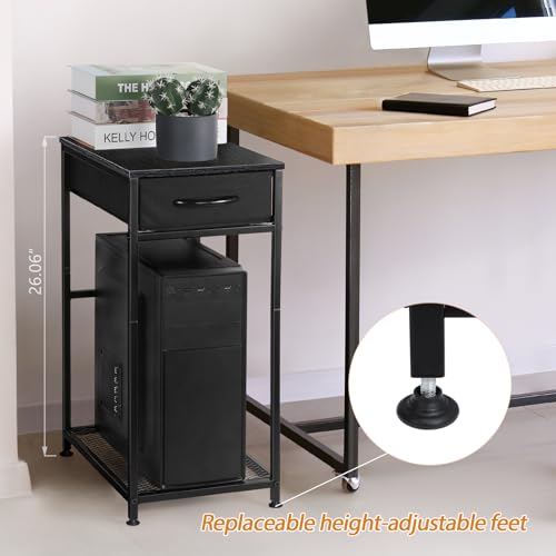 YBING PC Stand 2 Tier Computer Tower Stand with Drawer Mobile Computer Cart with Storage Metal CPU Holder on Wheels Pc Tower Stand Black Rolling Computer Tower Stand Floor for Office
