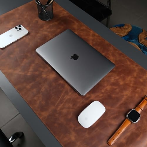 Jersey Genuine Calfskin Leather Desk Pad, Office Desk Mat with Non-Slip Bottom, Smooth Surface for Mouse & Keyboard, Desk Protector (36x19 inches) (Antic Tan) - color: Antic Tan