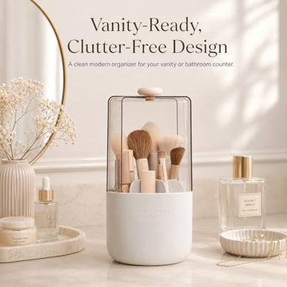 EACHY Makeup Brush Holder with Lid, 360° Rotating Vanity Organizer for Brushes, Dustproof Cosmetic Display Case, 7 Compartments, Waterproof Plastic (White) - color: White