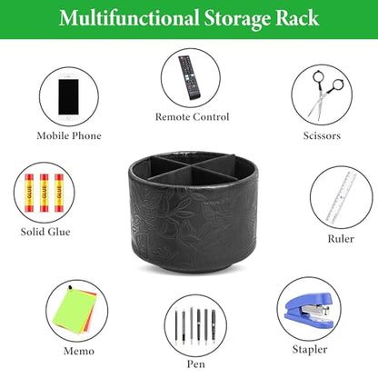 Round Leather Art Supply Organizer,Remote Control Holder,360 Degree Spinning,Multi-Functional Pencil Holder,4 Compartments Desktop Stationary Organizer(1-Carved Black) - color: 1-Carved Black