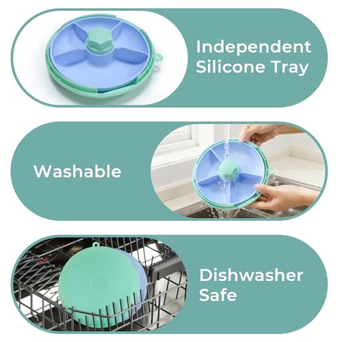 KingKam Kids Snack Spinner Containers, Reusable Toddler Spin Snack Container Box with 4 Compartments & Lid, BPA Free Food Grade Silicone Tray Dishwasher Safe, Travel Snacking Accessories (Blue/Green)