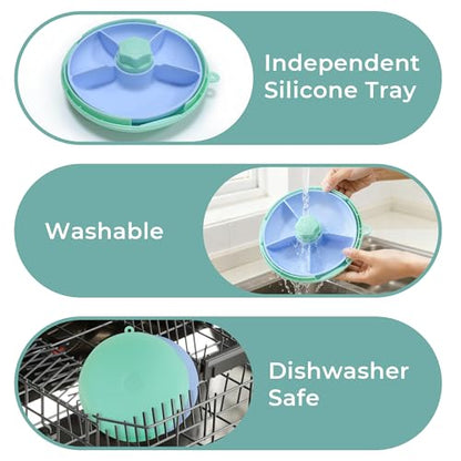 KingKam Kids Snack Spinner Containers, Reusable Toddler Spin Snack Container Box with 4 Compartments & Lid, BPA Free Food Grade Silicone Tray Dishwasher Safe, Travel Snacking Accessories (Blue/Green)