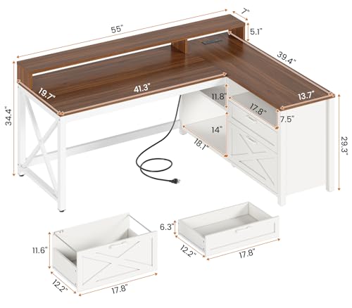 SEDETA Farmhouse L Shaped Desk, 55" Home Office Desk with Drawers and Storage Shelves, L Shaped Gaming Desk with LED Lights, Power Outlet and Monitor Shelf, Brown - color: Brown