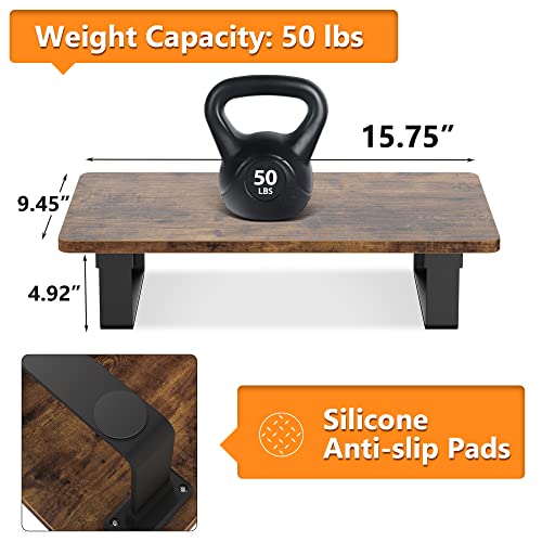 Monitor Stand Riser with 50 LB Capacity, Stable Wood Computer Monitor Stand for Desk Organizers, Anti-slip Computer Riser Monitor Shelf for PC Laptop Notebook Printer Computer iMac, Rustic Brown