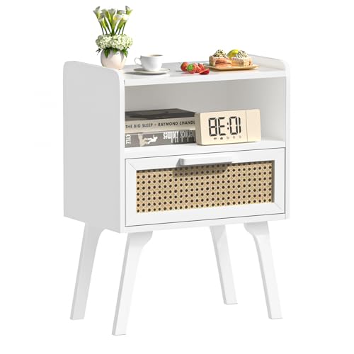 Lerliuo Rattan Nightstand, Bedside Table with Drawer Open Shelf, Cane Accent Side End Table with Solid Wood Legs, White Mid Century Night Stand for Bedroom, Dorm and Small Spaces - color: White With Natural, size: 1 pack