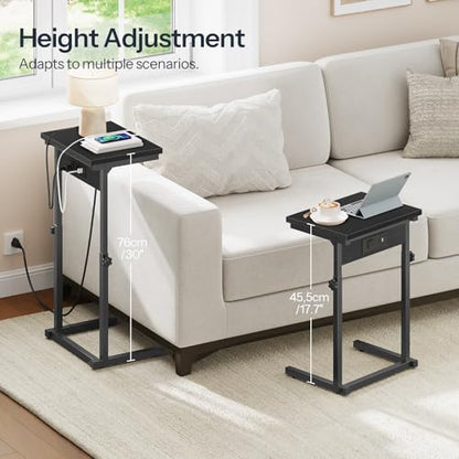 HOOBRO C-Shaped End Table with Charging Station, Adjustable Height Sofa Tray Side Table, Slide Under Couch Arm Table, Small C Side Table for Small Space in Living Room, Bedroom, Black BB71USF01 - color: Black