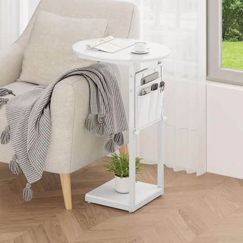 Vagusicc C Shaped End Table, Adjustable Height Small Side Table for Couch and Recliner, 32" Tall Couch Side Table Slide Under Sofa Tray Desk with Storage Bag for Living Room and Bedroom, White - color: White, style: Ordinary