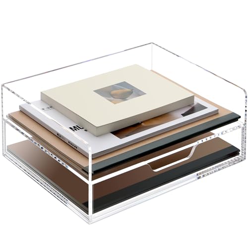 SANRUI 2-Tier Paper Letter Tray Organizer with Sliding Drawer,Stackable Desk Organizer,Acrylic Paper Tray for Office,Home or School,Clear - style: 2 Tier Horizontal File Tray with Drawer
