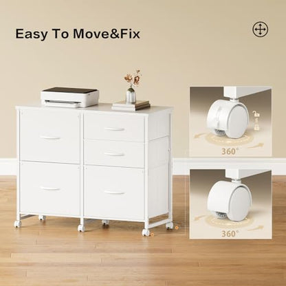 YeTom Lateral File Cabinet with 5 Drawers Rolling Filing Cabinets Under Desk Storage Printer Stand with Wheels,Mobile File Cabinet for Home Office,White - color: White