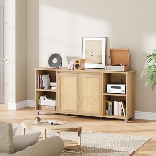 IDEALHOUSE Rattan TV Stand for 65" TVs, Natural Oak Media Console | Storage Cabinet & Adjustable Shelves, Boho Media Console, Natural Oak Finish, Rattan Doors, Living Room Bedroom - color: Natural