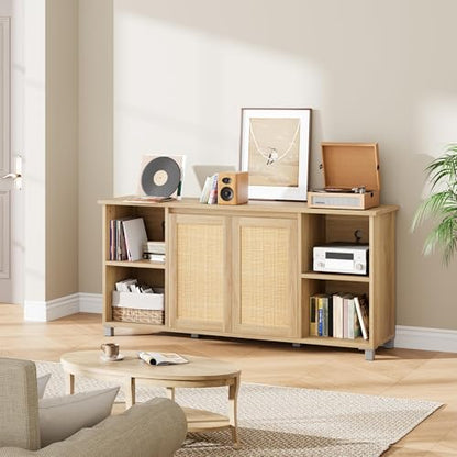 IDEALHOUSE Rattan TV Stand for 65" TVs, Natural Oak Media Console | Storage Cabinet & Adjustable Shelves, Boho Media Console, Natural Oak Finish, Rattan Doors, Living Room Bedroom - color: Natural