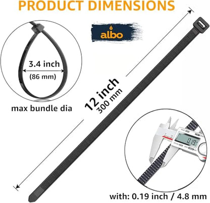 ALBO Zip Ties Black 12 Inch 3000 Pack 50 lb, Long Plastic Cable Ties Thick 0.19 Inch Tie Wraps Heavy Duty UV Resistant Nylon Wire Ties for Indoor and Outdoor / 12х3000 - size: 12" Black 3000 Pack 50lb