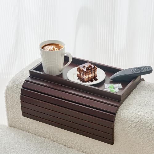 LOVYANXUE Bamboo Sofa Arm Tray, Anti Falling Couch Arm Tray Table, Foldable Couch Armrest Table, Portable Sofa Armrest Trays Cup Holder for Drink, Cups, Phone, Snacks, Remote - color: Mahogany, size: Large (without Phone Holder)