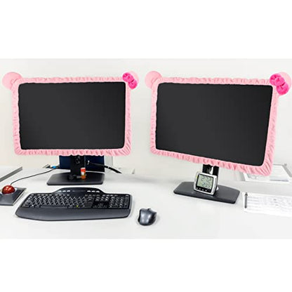 Hoteam 2 Pcs 17''-24'' Kawaii Computer Monitor Cover with Cat Ear Furry Cute Pink Monitor Dust Cover Protector Lovely Computer Desk Accessories Laptop TV LCD Screen Decoration for Tablet