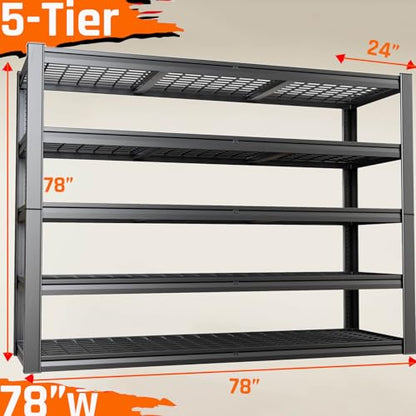 5-Tier Storage Shelves, 78" W Garage Shelving Heavy Duty Metal Adjustable Garage Shelves, Shelving Units Industrial Shelving for Warehouse, 78" W x 24" D x 78" H - size: 78"Wx78"Hx24"D | 5 Tier