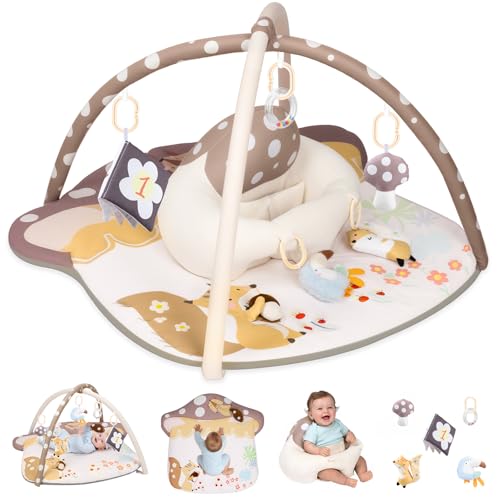 3-in-1 Baby Play Mat & Baby Seats for Infants for Sitting Up, Tummy Time Gym Activity Mat with 5 Detachable Toys, for Babies 0-6-12-18 Months, Newborn Babies Shower Gifts(Khaki) - color: Khaki