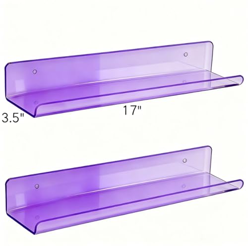 ROYALITA Small Acrylic Shelves Wall Mounted | Set of 2 | 17 Inches | Wall Hanging Plant Display Shelves, Room Decor Floating Wall Shelves for Gaming Room Bedroom, Living Room, Office, Purple - color: Purple, size: 17 Inch