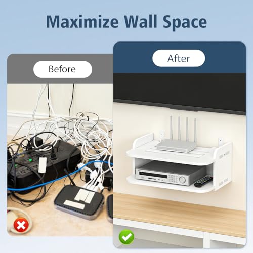 Tissting WiFi Router Floating Shelves White Wall Mount Under TV Shelf 30 x 20 x 15 cm Set Top Box Stand No Punch Game Console Rack for Living Room Bedroom
