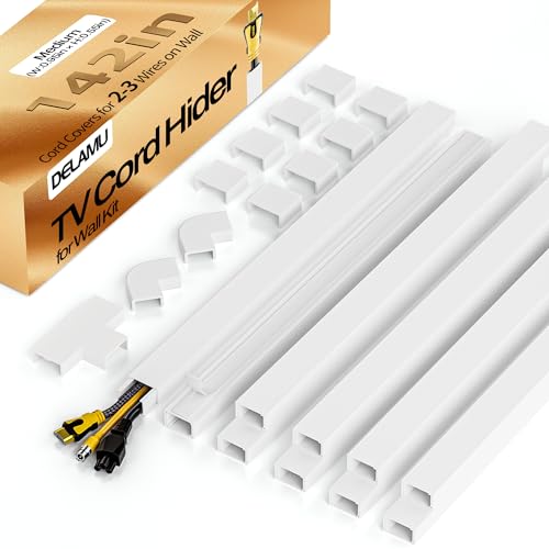 Delamu TV Cord Hider Wall, 142in Cable Hider, Cord Covers for 2-3 Wires on Wall, Paintable Wire Hiders Wire Covers for TV Cords on Wall, TV Cord Hider for Wall Mounted TV, 0.95in W x 0.55in H, White - color: White, size: 142in L x 0.95in W x 0.55in H