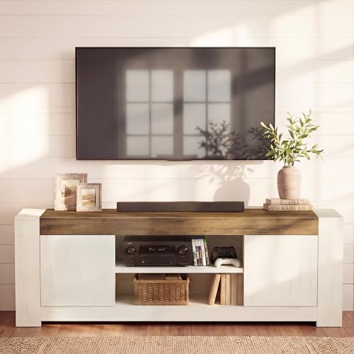 VASAGLE TV Stand, Farmhouse Entertainment Center with Storage Cabinets, Media Console Table for Living Room, Bedroom, for 80 Inch TV, 70 x 15.7 x 23.6 Inches, Rustic White and Honey Brown ULTV624W201S - color: Rustic White + Honey Brown, size: 70"L