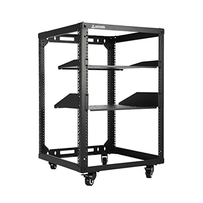 AEONS 15U Open Frame Network Server Rack 19-inch 4 Post AV Rack with Casters for Floor Standing and Wall Mount, Side Load for Extra Depth– Complete Kit with 1U and 2U Vented Shelves, Black - style: 15U-Kit