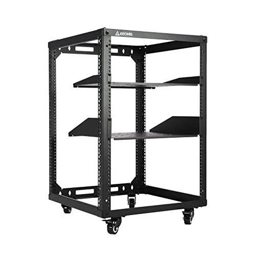 AEONS 15U Open Frame Network Server Rack 19-inch 4 Post AV Rack with Casters for Floor Standing and Wall Mount, Side Load for Extra Depth– Complete Kit with 1U and 2U Vented Shelves, Black - style: 15U-Kit