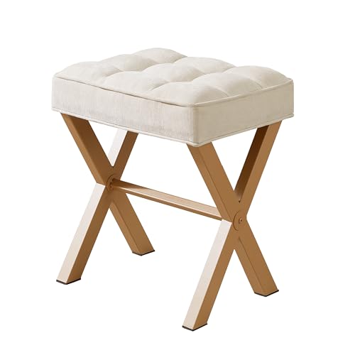 Royal Windsor Vanity Stool,Square Ottoman Stool Foot Rest,Upholstered Vanity Chair Foot Stool with Metal X Legs, Small Vanity Seat for Entryway,Bedroom and Living Room,Linen Beige - color: 12.6"d Beige+yellow
