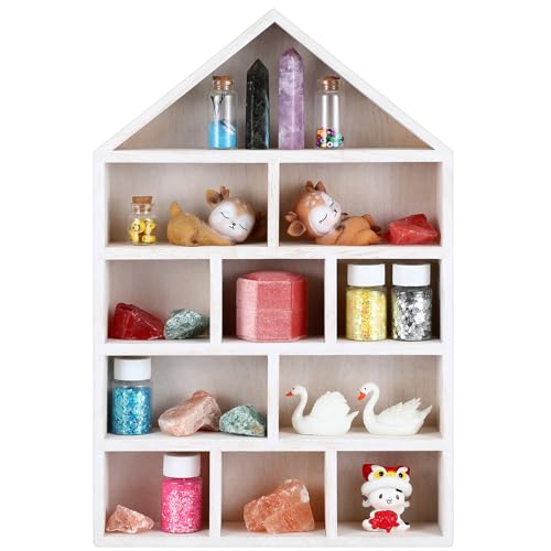 Threehoney House Shaped Wooden Shadow Cubby Box 10 W x 2 1/4 D x 15 H Hanging Display Shelf Organizer Wall Mounted Curio Cabinet Wooden Display Case Miniature Shelf for Figures(Wood Color) - color: Wood Color