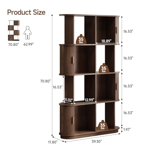 ONBRILL 71" Tall 4-Tier Bookshelf, 8-Cube Display Bookcase with Sliding Door, Mid-Century Modern Storage Organizer, Freestanding Book Shelf for Living Room, Bedroom, Home Office, Walnut - color: Walnut