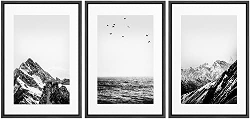 NWT Framed Canvas Print Wall Art Set Black White Snowy Winter Mountain Landscape Nature Wilderness Photography Modern Art Rustic Scenic Relax/Calm for Living Room, Bedroom, Office - 16"x24"x3 Black - color: A02-2203-fo18, size: 16" x 24" x 3 Panels BLACK
