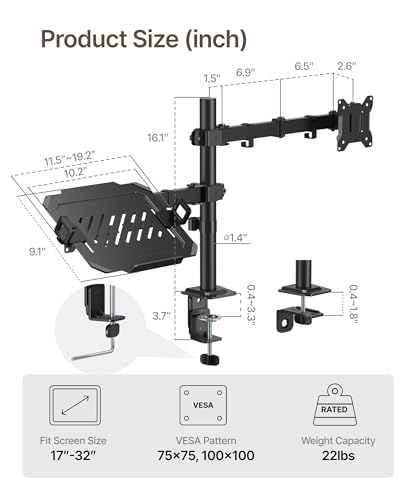 monTEK 2-in-1 Monitor Mount and Laptop Stand for Desk, Ergonomic Height Adjustable Monitor Arm Fits up to 32-Inch Screen and 17-Inch Notebook, Holds up to 22 lbs, C-Clamp and Grommet
