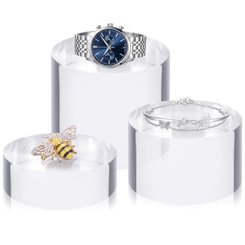 Geelin 6 Pcs Acrylic Risers Stand Display Block Decor Riser 3 Size Decor Clear Polished Cube Solid Pedestal Stand for Jewelry Perfume Photography Collection Food Doll Wedding High Density (Round) - style: Round