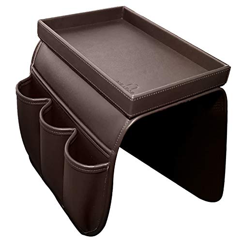 NEATOPA Couch Remote Caddy Control Holder Sofa Organizer with Detachable Wooden Snack Tray for Recliner Mattresses Chair Armrests with 4 Slots - 1 Large Pockets and 3 Small Pockets (Brown) - color: Brown