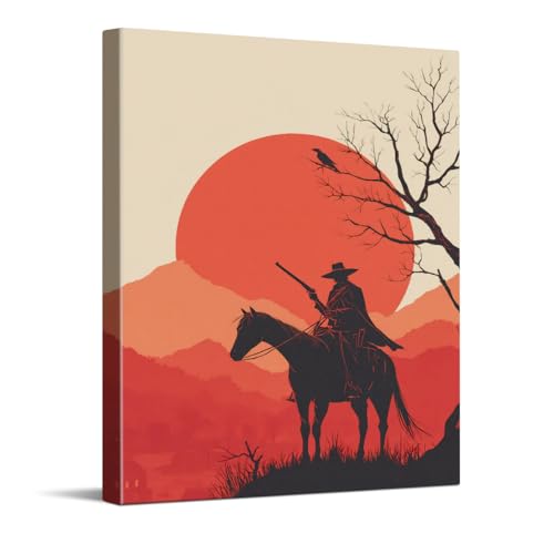 WOXZQ Western Cowboy Horseback Silhouette Sunset Wall Art – 12x15 Inch Wrapped Canvas Print – Wild West Poster for Gaming Room Bedroom Living Room Decor - color: Crimson ridge rider