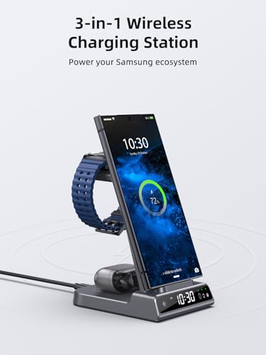 Wireless Charger for Samsung Charging Station: 3 in 1 Android Charging Stand with Dimmable Clock - Nightstand Organizer for Galaxy S25 Ultra, Galaxy Watch 8 7 6 5 4, Galaxy Buds (Not for iWatch) - color: Grey