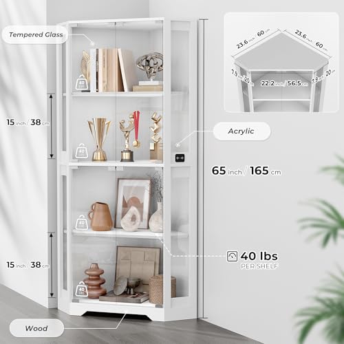 BROTTAR Corner Display Cabinet with Glass Doors, 65" Lighted Curio Display Case with 3 Color Lights for Collectibles, Books, 4-Tier Bookcase with Human Body Sensor, White - color: White