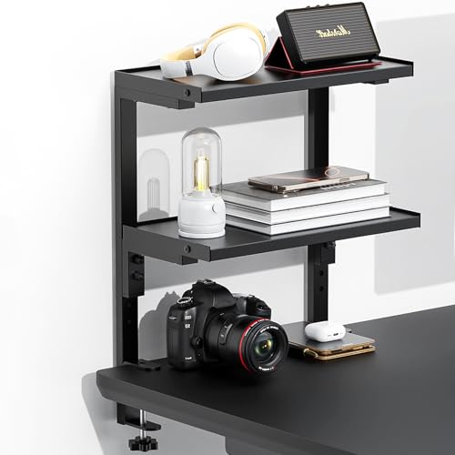 Spacrea Clamp on Desk Shelf, 2 Tier Office Desk Shelves Organizer, Wood Desktop Supplies Storage Rack, Desk Organizers and Accessories (Black) - color: Black