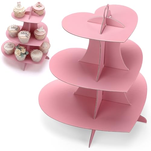 Willinglong 3 Tier Cardboard Cupcake Stand Pink Heart Cupcake Stands Disposable Cupcakes Tower Dessert Cup Cake Stand Tower Display Decoration for Wedding Anniversary Birthday Party Supplies - color: Pink, size: Heart