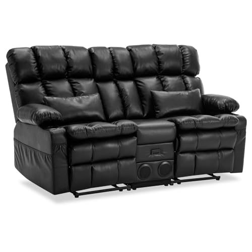 Loveseat Recliner Sofa with Massage & Heat, Reclining Loveseat with Console with Drop Down Table, Bluetooth Speaker, USB/Outlet/Storage/Cup Holder/Side Pocket, Home Theater Seating, Black - color: Black, size: Loveseat with Console