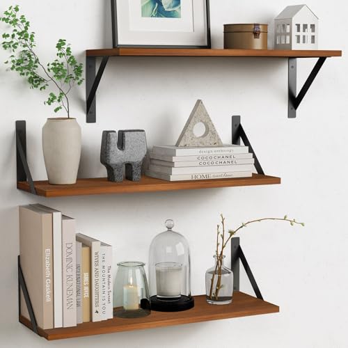 Forbena Walnut Brown Wall Bookshelf, 24 x 8 Inch Floating Bookshelves Set of 3, Large Floating Book Shelves for Bedroom, Long Wooden Wall Shelving Unit for Living Room Office Closet Storage (Walnut) - color: Walnut, size: 24 x 8 Inch