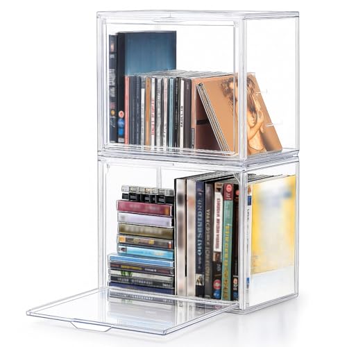 CroBlissful 2 Pack Stackable Clear Plastic CD/DVD Organizers Dustproof Magnetic Flip Cover Jewel Case Holders Media Storage Organizers Holds up to 40 CD Cases Per Organizer or 30 DVD Cases