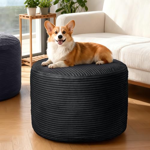 Round Corduroy Ottoman Foot Rest Pouf for Living Room Couch - Soft Plush Shredded Foam Filled Hassock Stool, Comfy Footstool - color: Black, size: 26"D x 26"W x 18"H