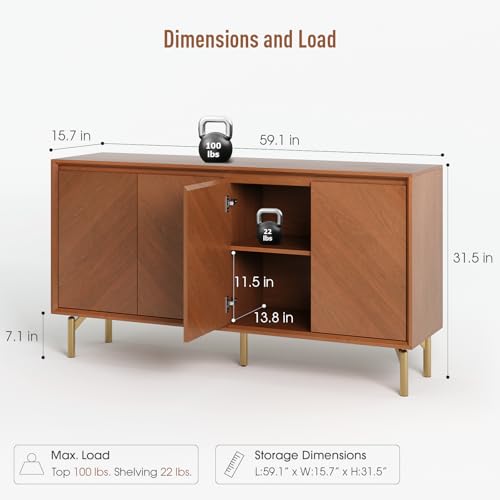 Jiansu furni 59" Sideboard Buffet Cabinet with Storage,for Dining Room | Walnut Finish Herringbone Doors Credenza for Kitchen ,Adjustable Shelves Coffee Bar,Living room, Entryway Console Cabinet - color: Walnut_4 Doors