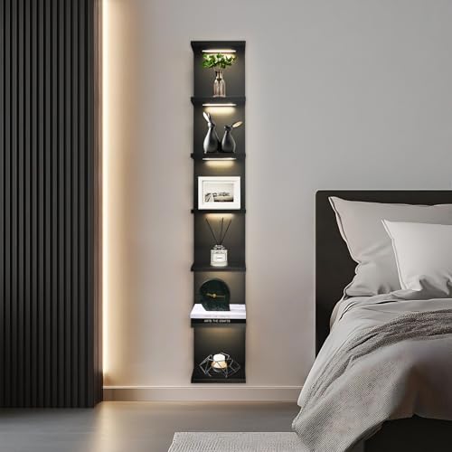 7 Tier Wall Shelves with Led Light, Lack Wall Shelf Unit, Vertical Shelf with Remonte Control,Black Shelves - color: 7 Tier Black